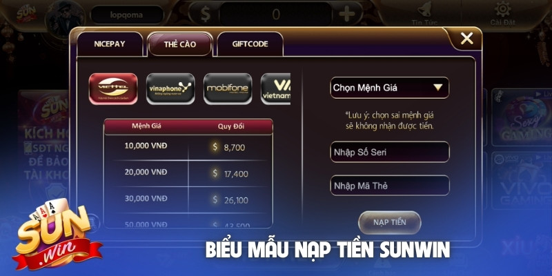 Biểu mẫu nạp tiền Sunwin